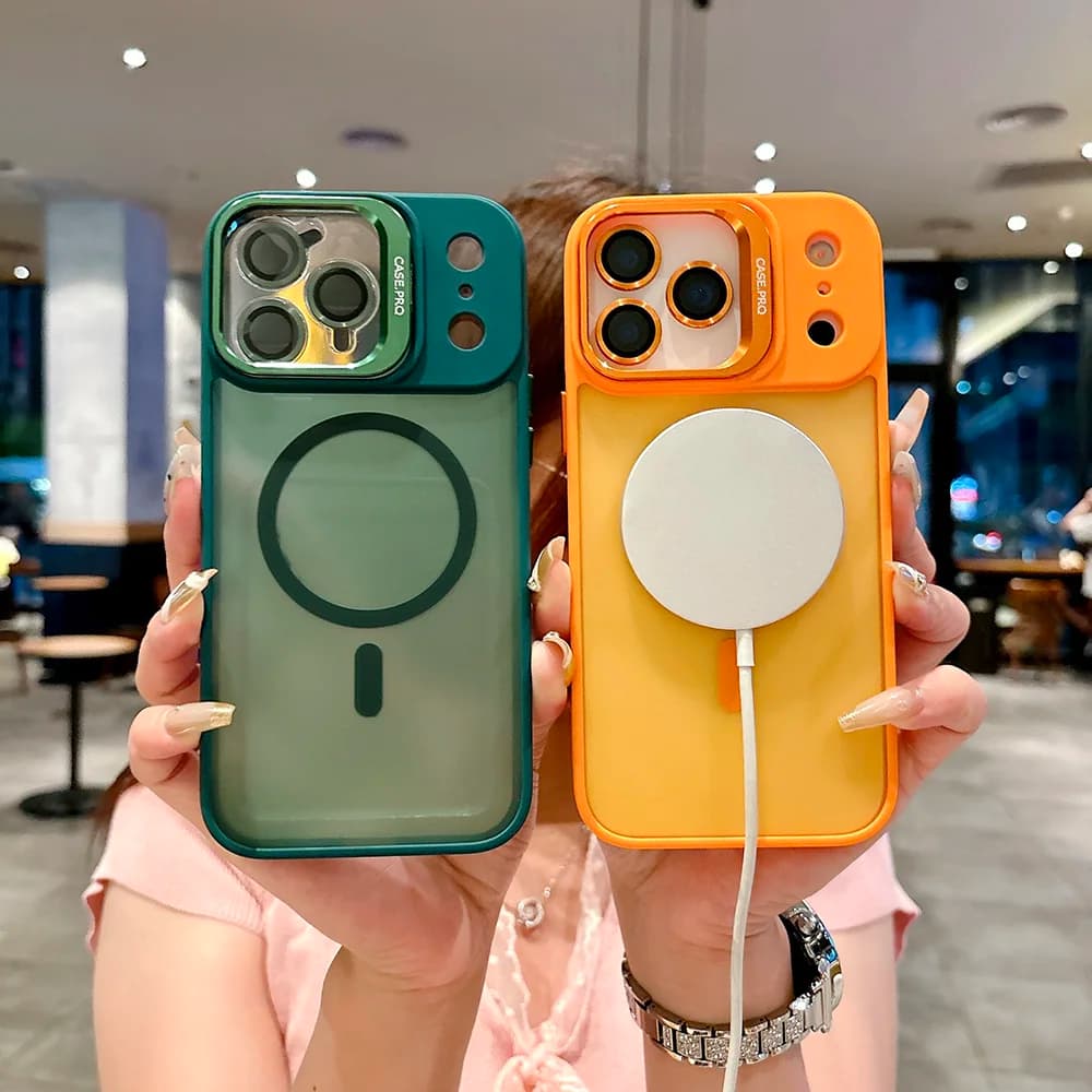 Luxury Magnetic Wireless Charging Lens Bracket Case For iPhone 17 Pro Max 16 15 14 13 11 12 Pro Max For Magsafe Shockproof Cover