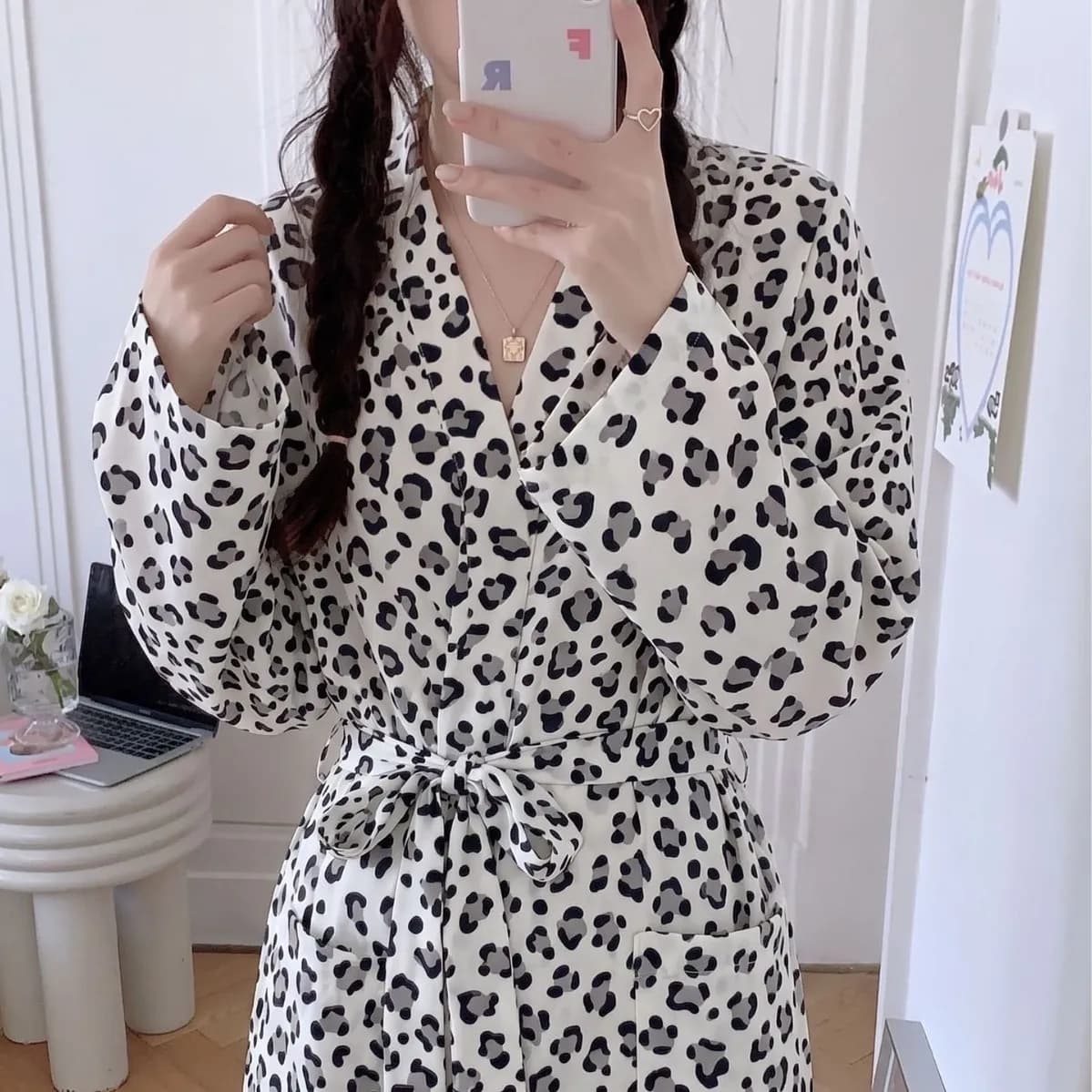 Women's Long Sleeved Thin Spring/Summer Morning Gown, Sexy Leopard Print, Loose and Comfortable Home Sleepwear, Bathrobe