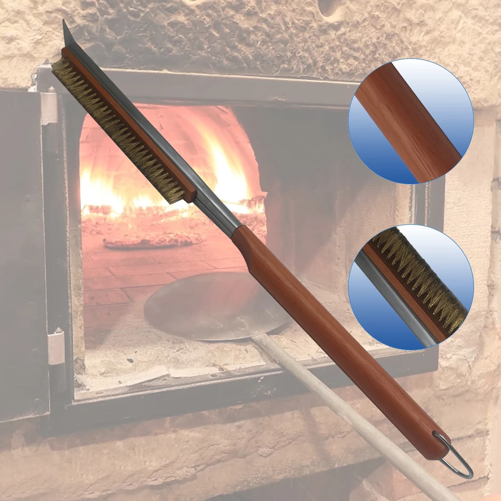 Accessori per Forno per Pizza: Spazzola per Forno con Setole in Ottone e Raschietto in Acciaio Inox, Manico Extra Lungo