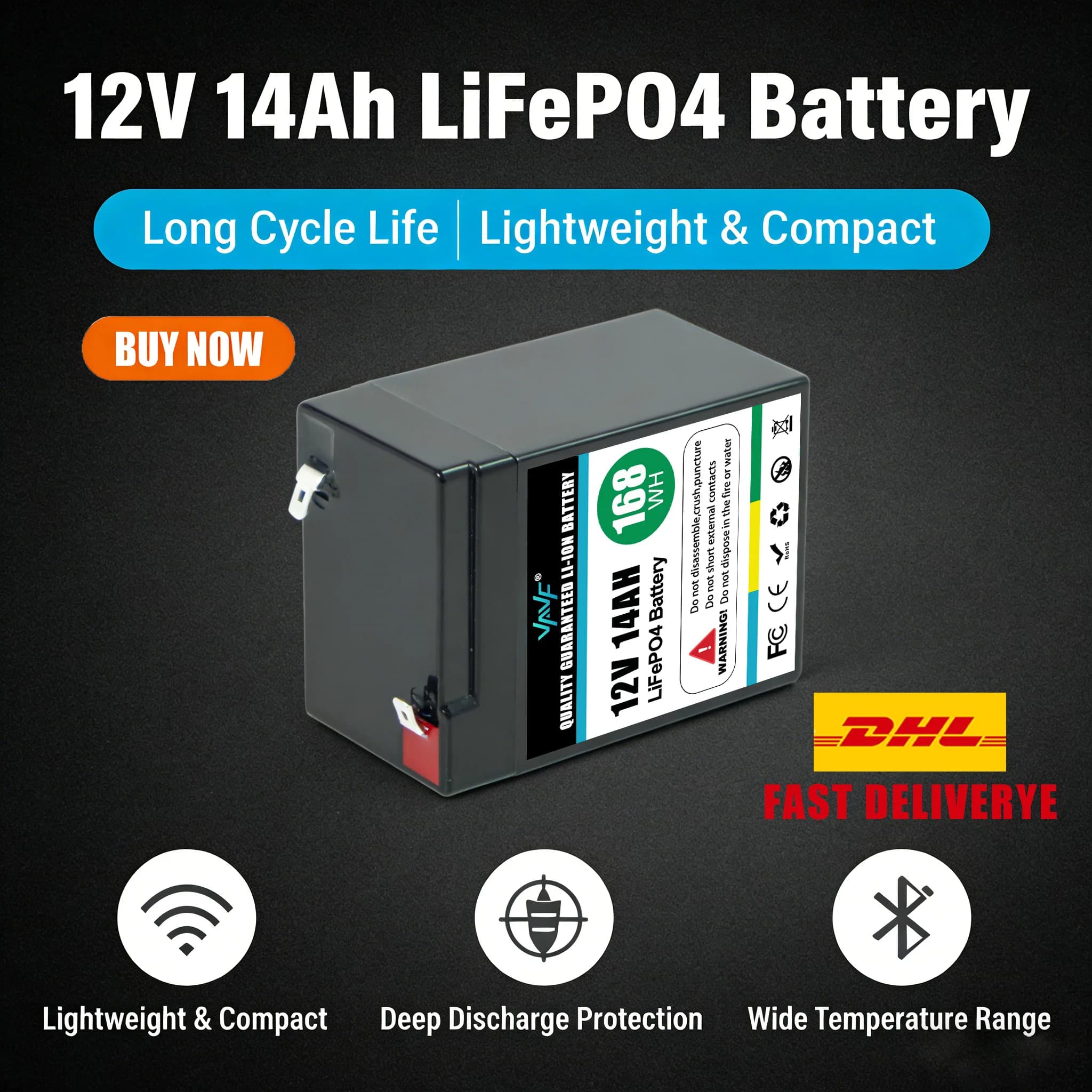 12V 🎯 Batteria LiFePO4 da 14Ah con BMS intelligente integrato 💎 Oltre 2000 Cicli di Utilizzo, Adatto per Pannelli Solari, Camper, Imbarcazioni, Overlanding