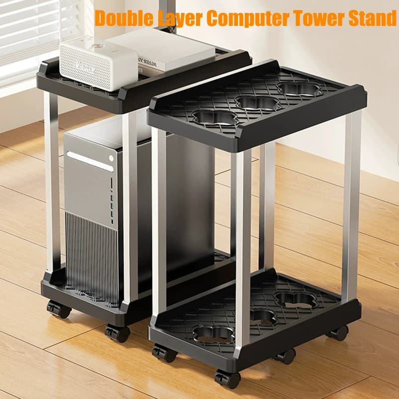 Base mobile per supporto per torre per computer a doppio strato con ruote universali Staffa di supporto per custodia rialzata per archiviazione semplice Supporto per CPU per PC