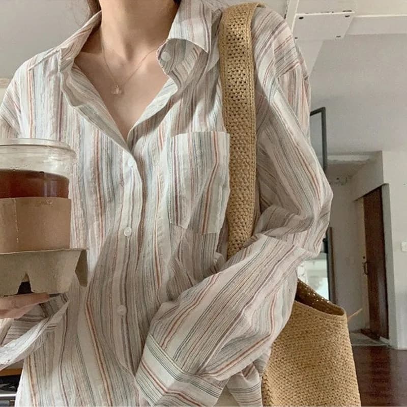 Women's Casual Wide Shirts Striped Sunscreen Shirts with Pocket Buttons New Fashion 2025 Spring 781