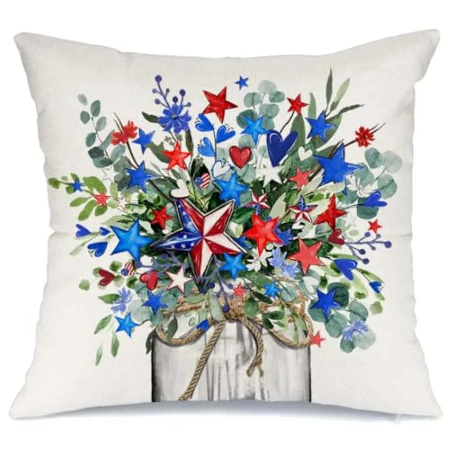 4th of July Pillow Covers 18x18 Inch Stars Floral Vase Butterfly Decor Patriotic America USA Holiday Pillow Case Independence M