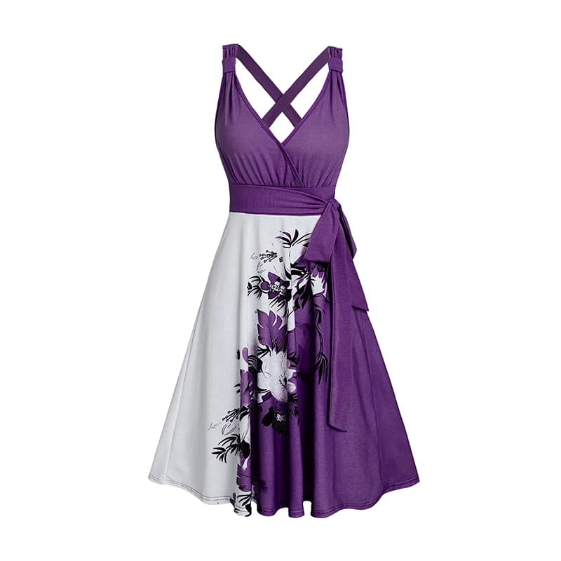 Dressfo Abito da donna con motivo floreale a foglie, colore a contrasto, scollo a V, surplice, abito da vacanza, cintura a vita alta, abito casual