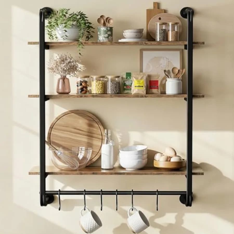 Mensola Galleggiante Industriale in Stile Tubolare, Scaffale da Parete da Cucina da 24 Pollici con Portasciugamani e 6 Ganci, Scaffale Espositivo per Caffetteria e Libreria a Muro
