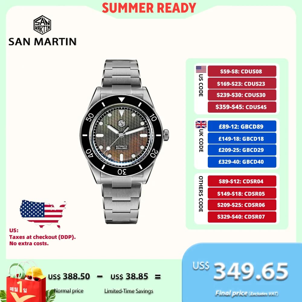 San Martin 39mm Miyota 90S5 Guilloche MOP Wave Dial Orologio automatico da uomo Orologio da polso subacqueo Carica automatica BGW-X1 Luminoso 20Bar SN0151GL
