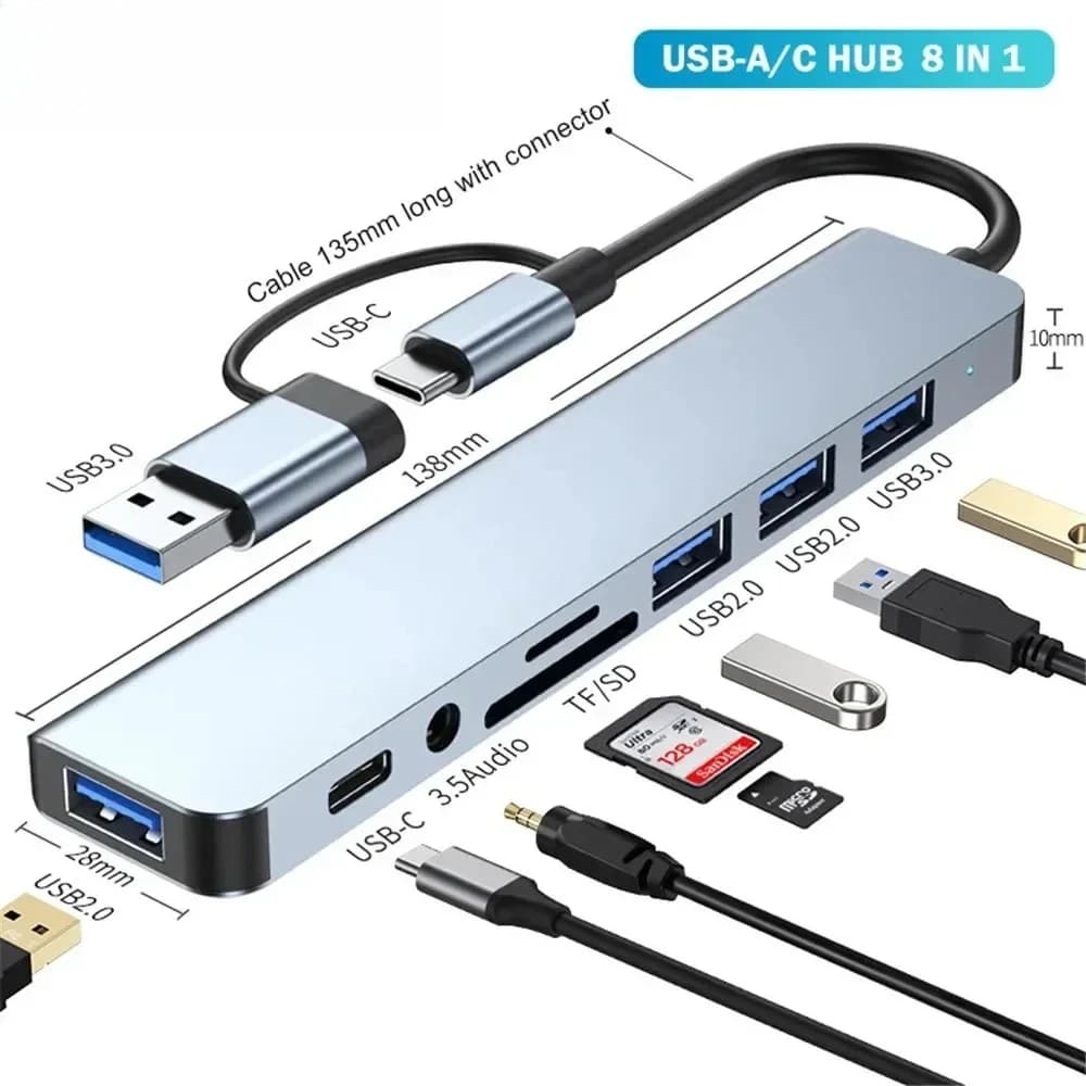 8 in 1 USB C Hub Expand Multiport Adapter Type C Splitter Dock USB 3 ports for Xiaomi Phone Tablet Fast Data Transfer Charge