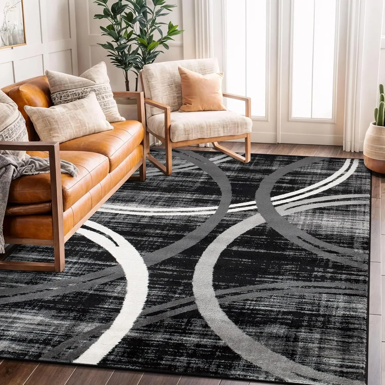 Modern Black Wavy Circles Area Rug, Soft Fade Resistant Carpet for Living Room Bedroom Home Office, Stylish Floor Decor