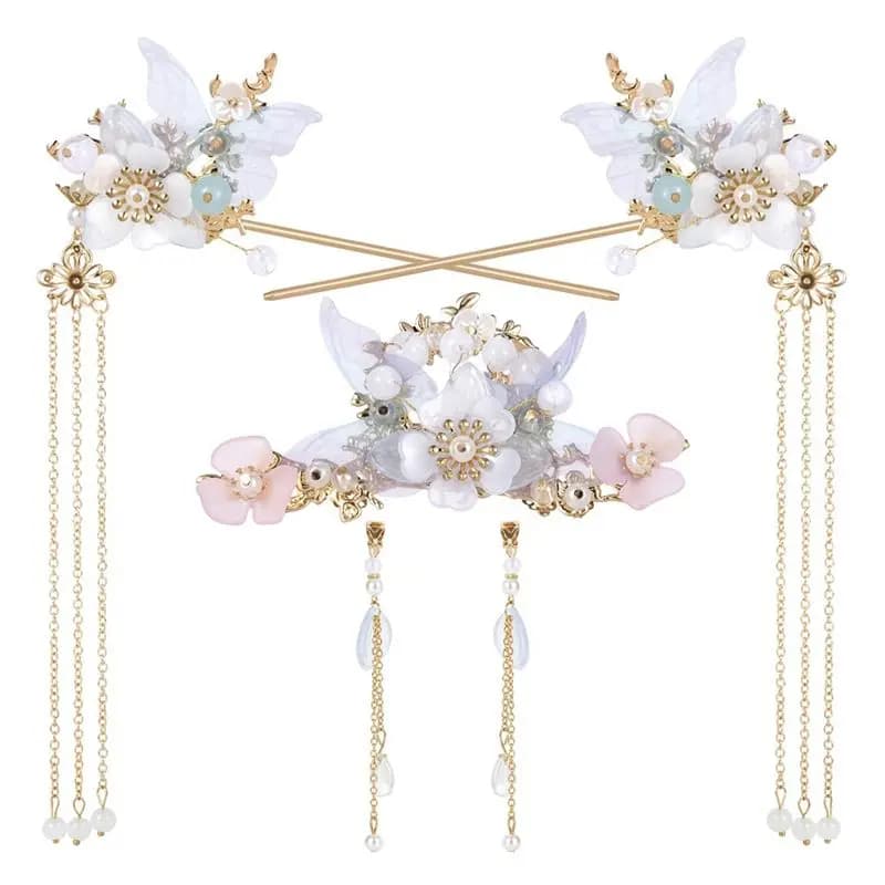 A95D-3PCS Camellia Flower Tassels Hairpin,Pearl Hair Clips Headpiece Retro Chinese Hanfu Wedding Brides Hair Accessories