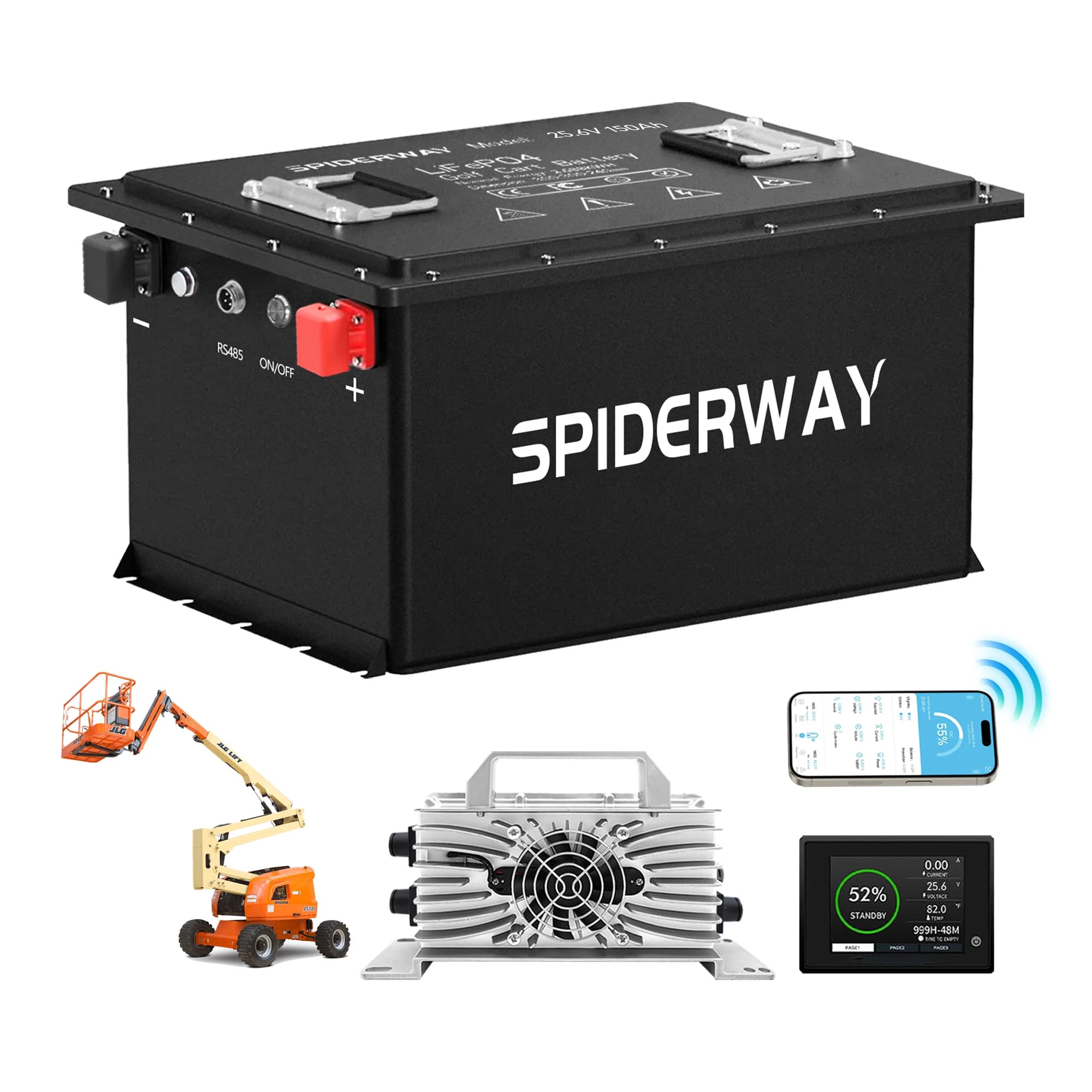 Batteria LiFePO4 da 24 V 150 Ah con caricabatterie da 25 A, oltre 6000 cicli max. 7,68 kW per Skyjack SJIII 4626, 4632,3219 Sollevatore a forbice