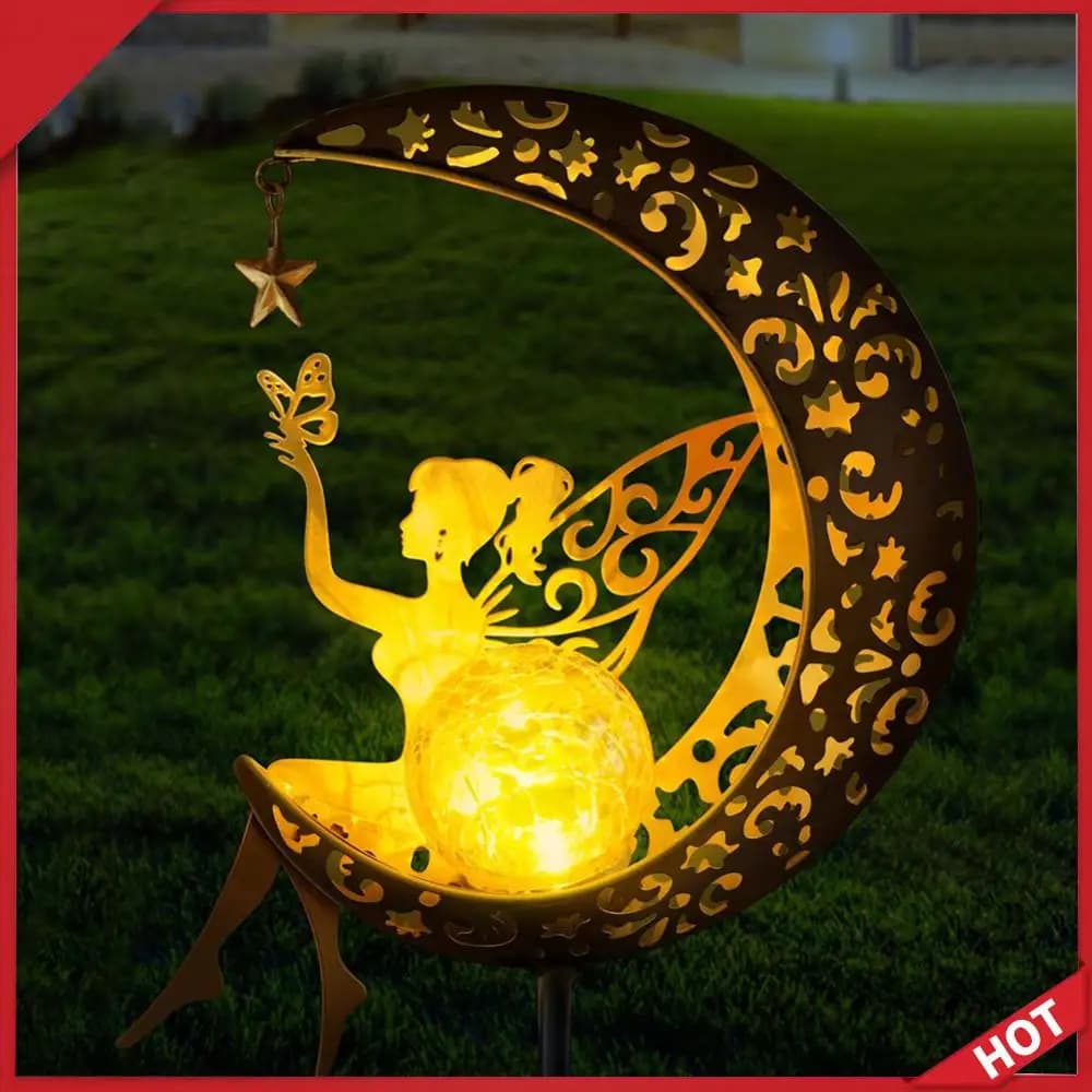 Lampada da Giardino in Ferro Battuto IP65 Impermeabile con Globo in Vetro Craquelé e Picchetto Angolare in Metallo, Luce LED a Forma di Luna e Vetro Craquelé