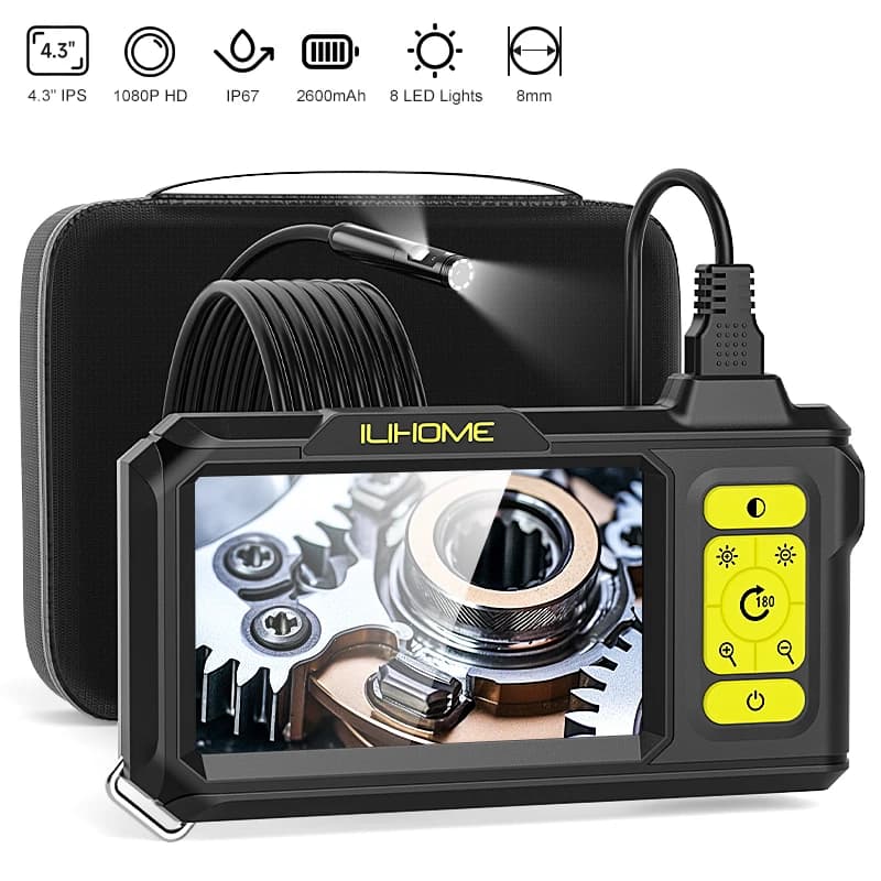 Double Endoscope with 4.3''' IPS Screen, 8MM Waterproof Sunda, Tube Inspection Camera with 8 LEDs and Black Storage Box