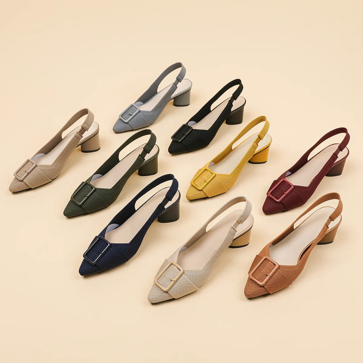 Sharp pointed shallow mouth knitted hollow breathable buckle thick heel high-heeled sandals for women