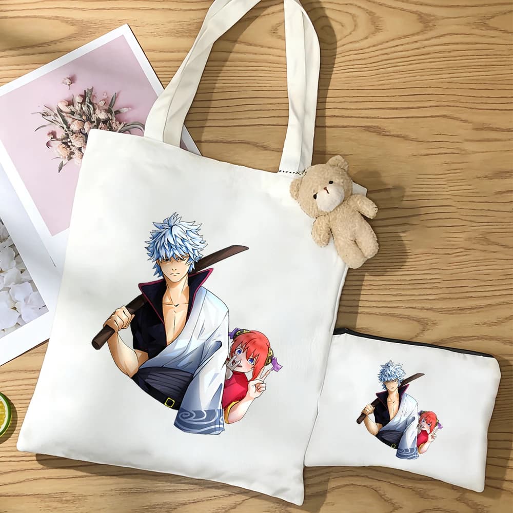 Set di 3 Borse in Tela Kawaii Gintama con Stampe di Sakata Gintoki, Shimura Shinpachi e Kagura, Borsa Riutilizzabile per Pendolari con Figure Anime