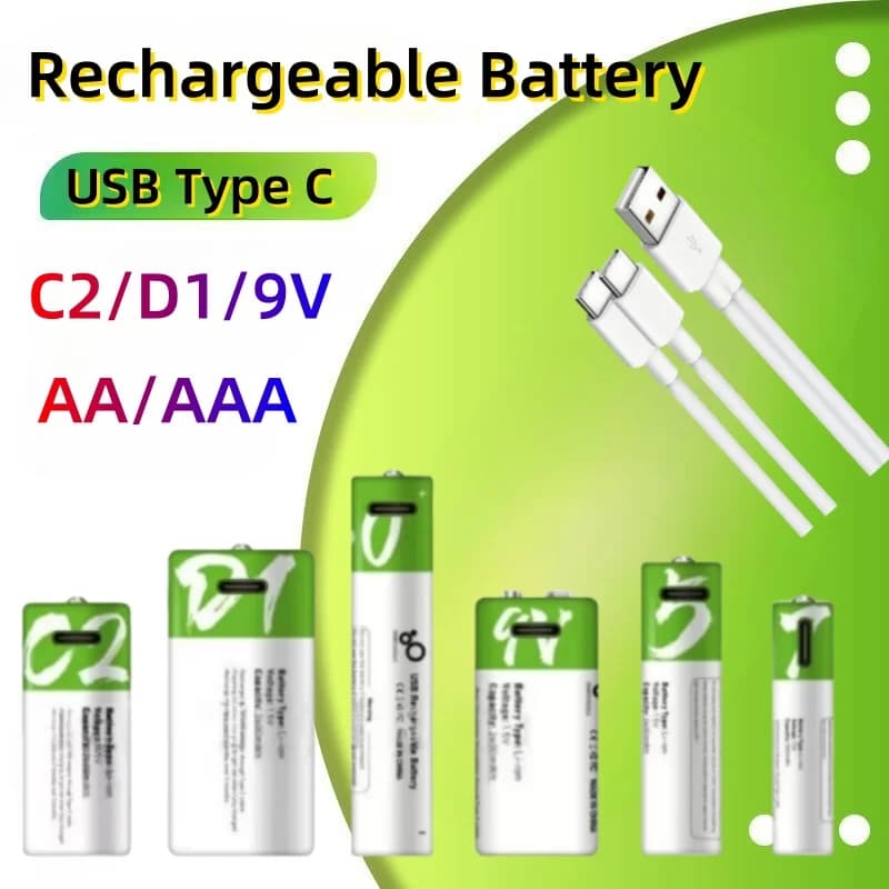 Hot Rechargeable AAA/AA/9V/C2/D1 Batteries Li-ion Battery USB Type C Fast Charge Cable