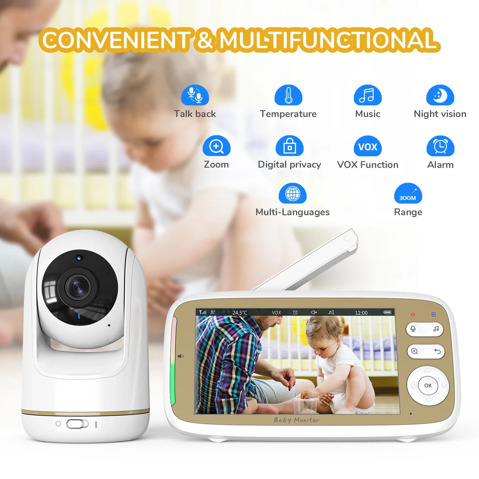 Baby monitor elettronico con schermo da 5 pollici Zoom 3X Telecamera PTZ Audio video bidirezionale wireless Baby monitor portatile per tata