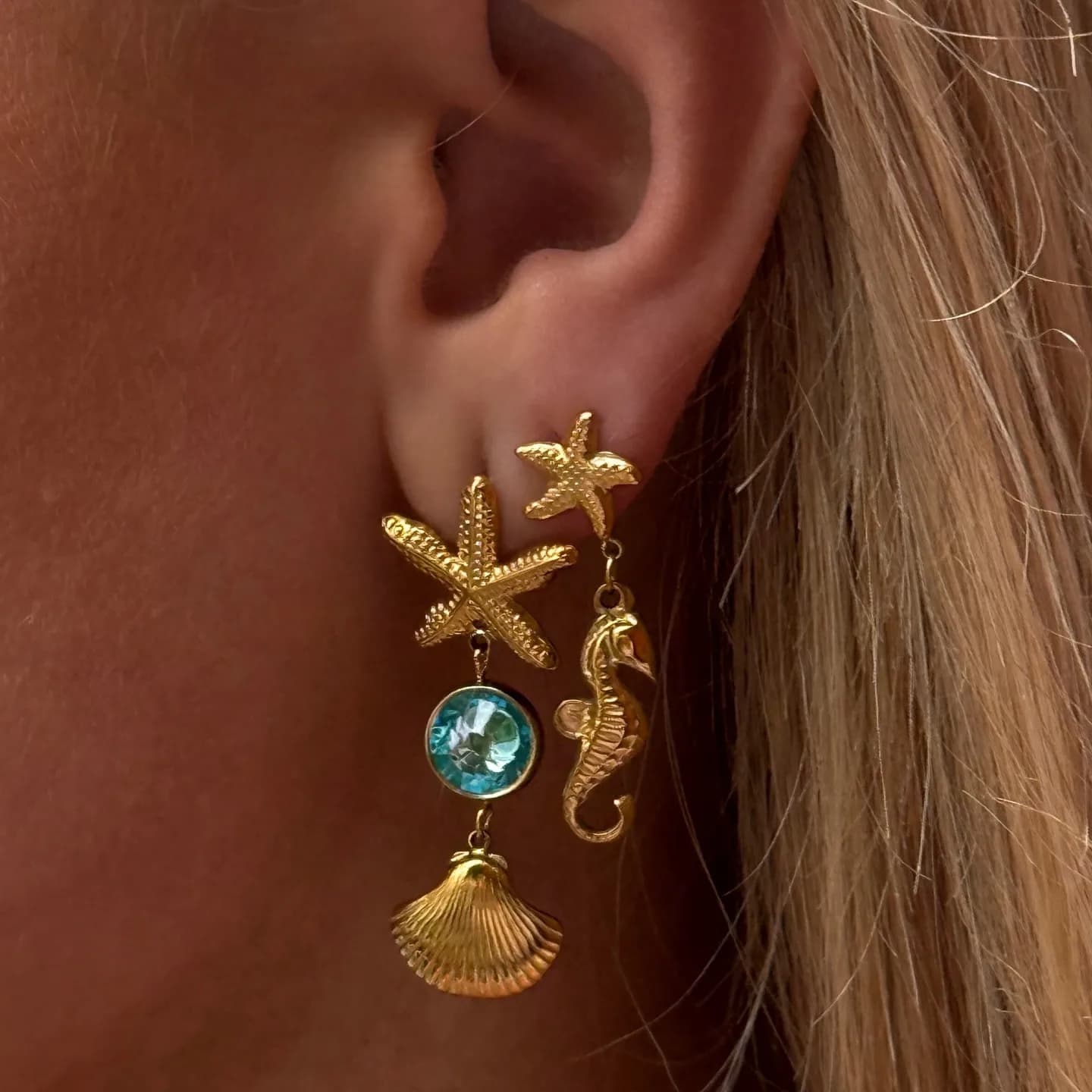 Orecchini pendenti a forma di stella marina e cavalluccio marino in acciaio inossidabile per donna, delicati orecchini pendenti a conchiglia con strass blu, gioielli estivi da spiaggia