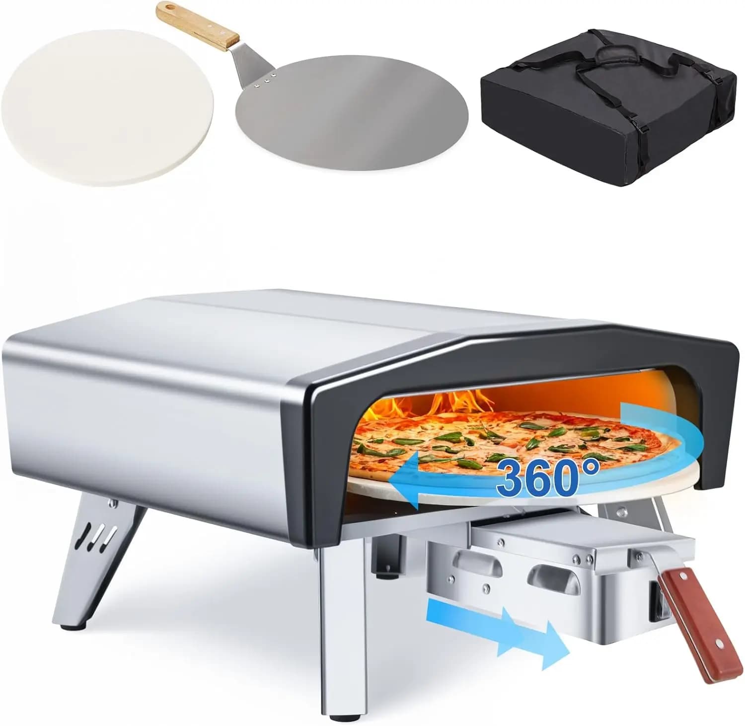 Forno per Pizza a Gas da Esterno con Maniglia Estraibile, Pietra Refrattaria Rotante Automatica a 360°, Pala per Pizza e Borsa per il Trasporto, Portatile in Acciaio Inox