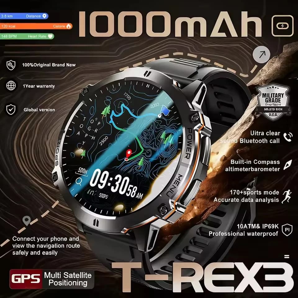 Versione Globale Nuovo Smartwatch GPS T-Rex 3 da Uomo per Esterni, Militare, 1000mAh, Display AMOLED da 1.73”, Orologio Fitness Impermeabile 10ATM con Chiamate HD