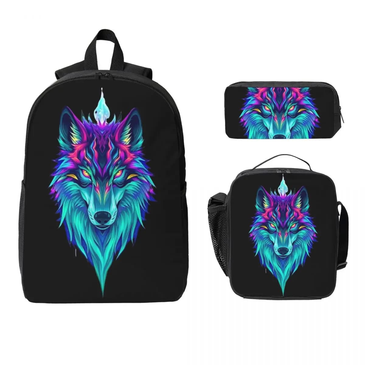 Wild Wolf Backpack Student Boys Girls BookBag School Bag Laptop Shoulder Bags 3ps Insulated Lunch Bag Pencil Case