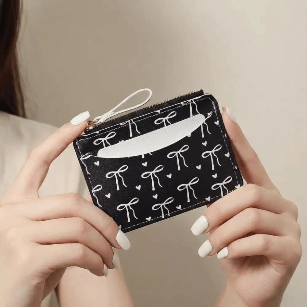 Cute PU Leather Bow Wallet Zipper Multi-card Slot Short Card Bag Storage Coin Purse Card Holder Travel