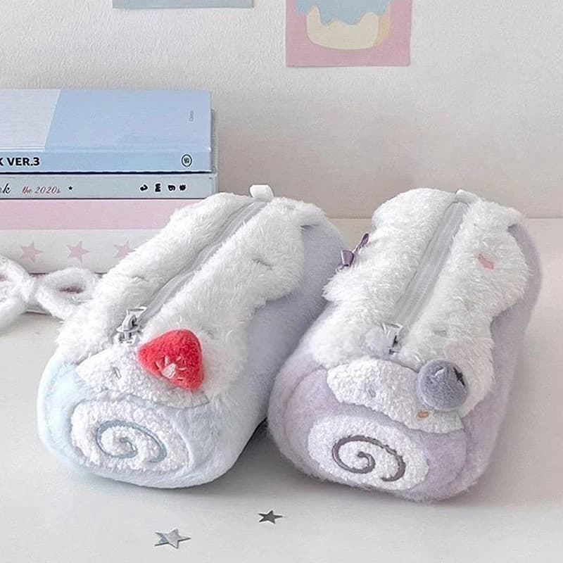 1PC Cute Cream Roll Plush Pencil Case Large Capacity School Student Stationery Storage Bag.