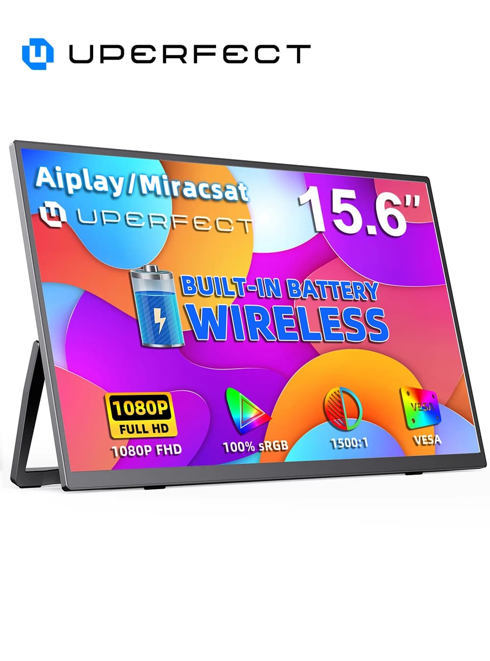 UPERFECT Battery Wireless Portable Monitor 8000mAh 15.6" FHD 100%sRGB Travel Screen Support AirPlay Miracast for Laptop Phone