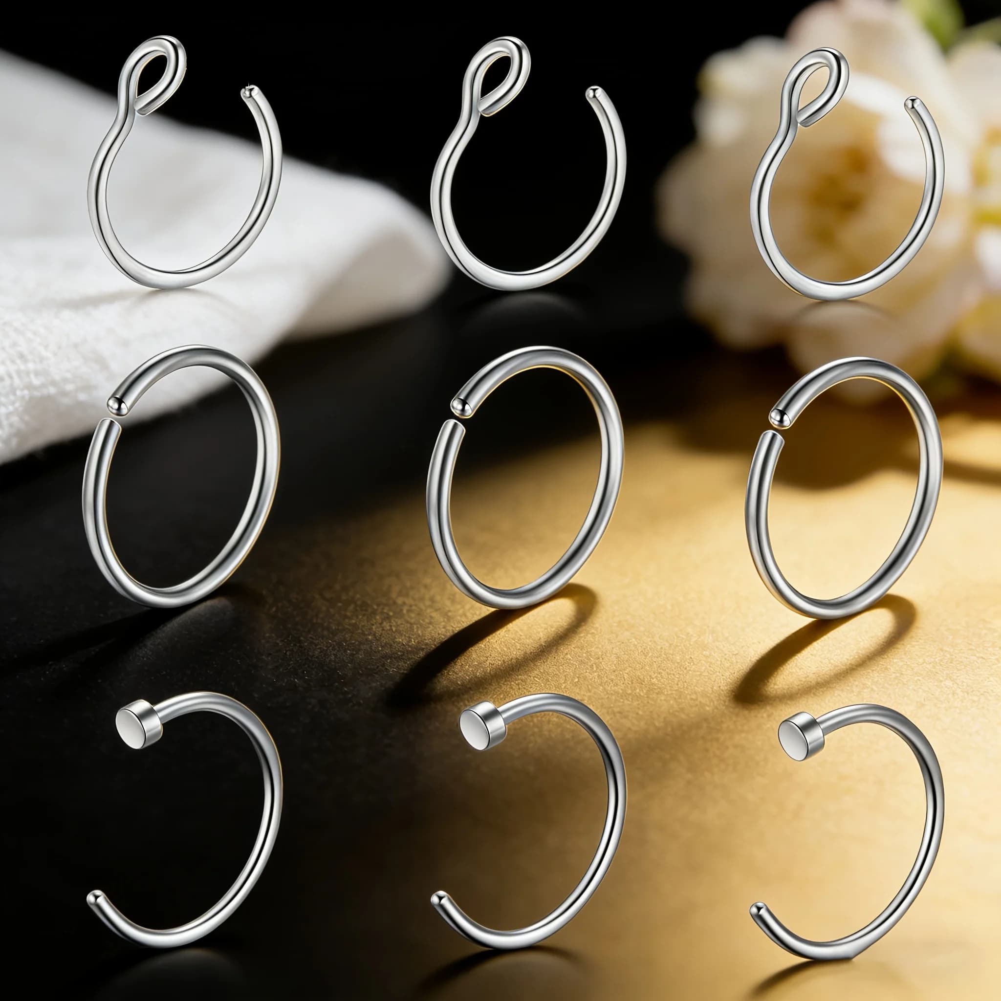 Set di 9 Anelli per Naso Finti in Acciaio Inossidabile 316L, Senza Piercing, Facili da Indossare, Aspetto di Piercing Facciale Indolore