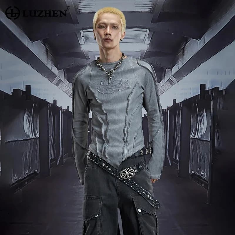 LUZHEN 2025 Nuovo Personalizzato Burr Patchwork Design Manica Lunga T-shirt Moda Uomo Streetwear Originale Abbigliamento Casual JY5652