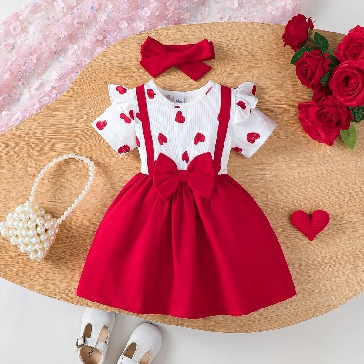 Abito da bambina da 0 a 3 anni, girocollo, fiocco stampato a forma di cuore, abito da principessa + fascia per capelli, abito da festa estivo per bambina