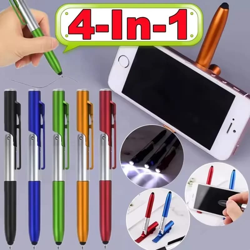 Penna a sfera multifunzione 4 in 1 con luce LED, supporto pieghevole per telefono, matita per lettura notturna, cancelleria per ufficio, scuola, studenti