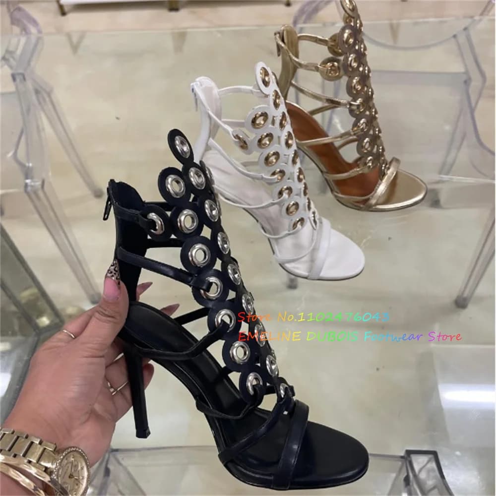 Gold Metal Circle Decor High Heel Sandals Women Sexy Open Toe Stiletto Heel Back Zipper Strappy Trendy Party Dress Shoes