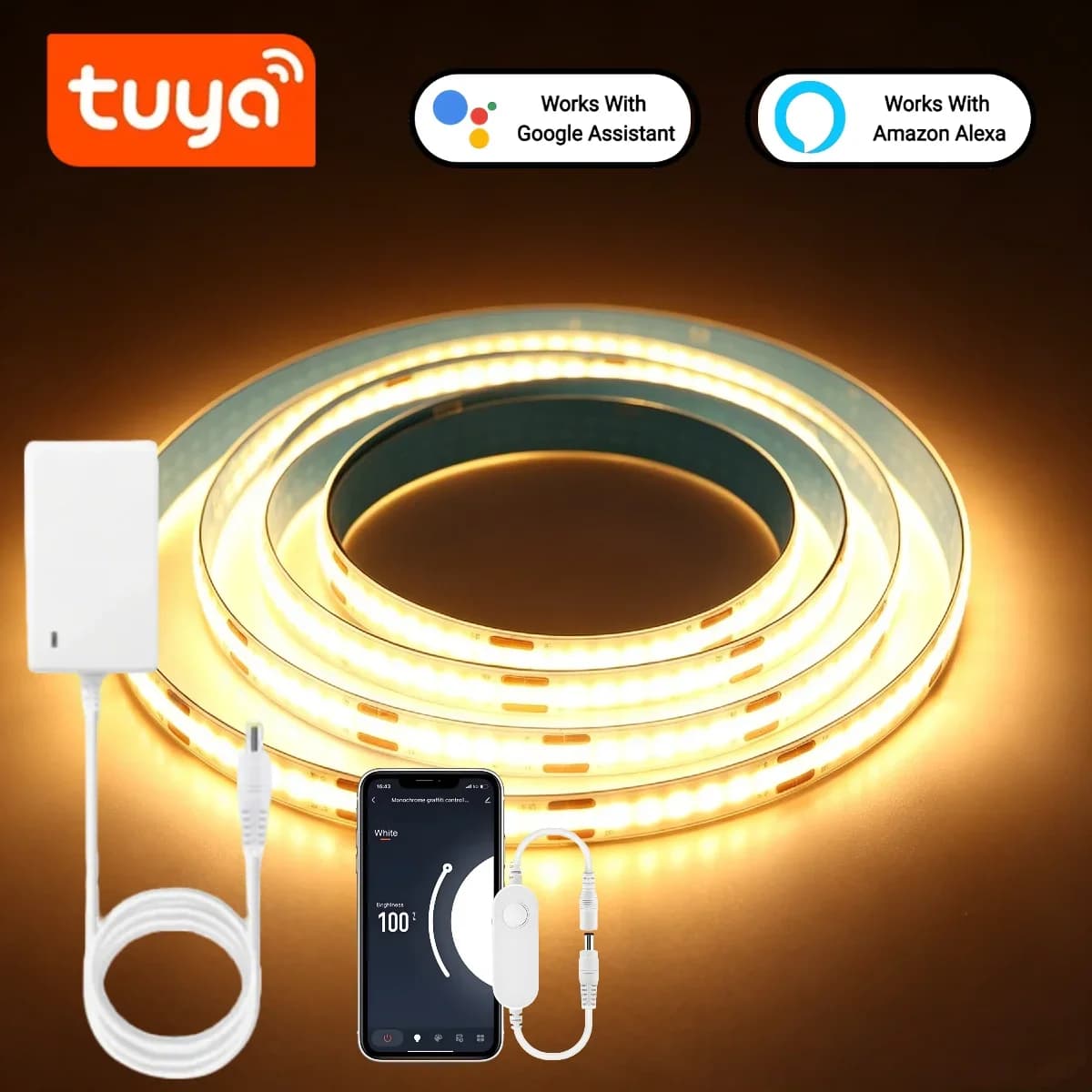 Tuya Smart COB LED Strip Light, WiFi App Voice Control, with Alexa Google Assistant, Dimmable LED Tape Light For Home Decoration