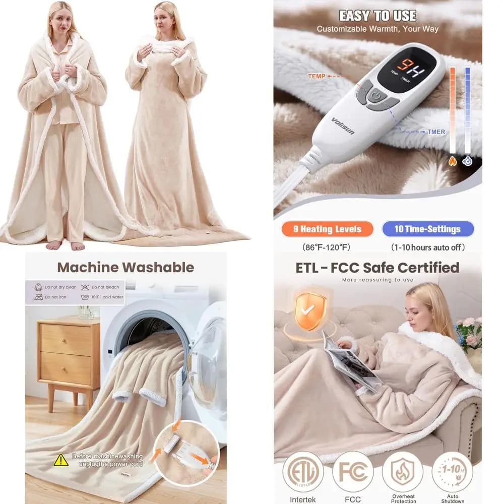 Coperta riscaldata elettrica con tasca sul piede, temperatura regolabile, spegnimento automatico, 50x70 Beige
