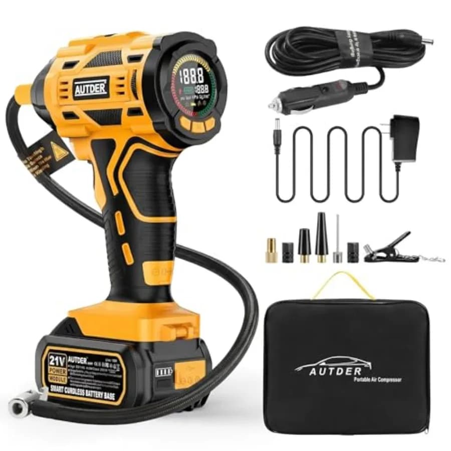 Compressore d'aria portatile senza fili 180PSI con batteria ricaricabile da 21V e adattatore per auto 12V DC, gonfiaggio rapido digitale