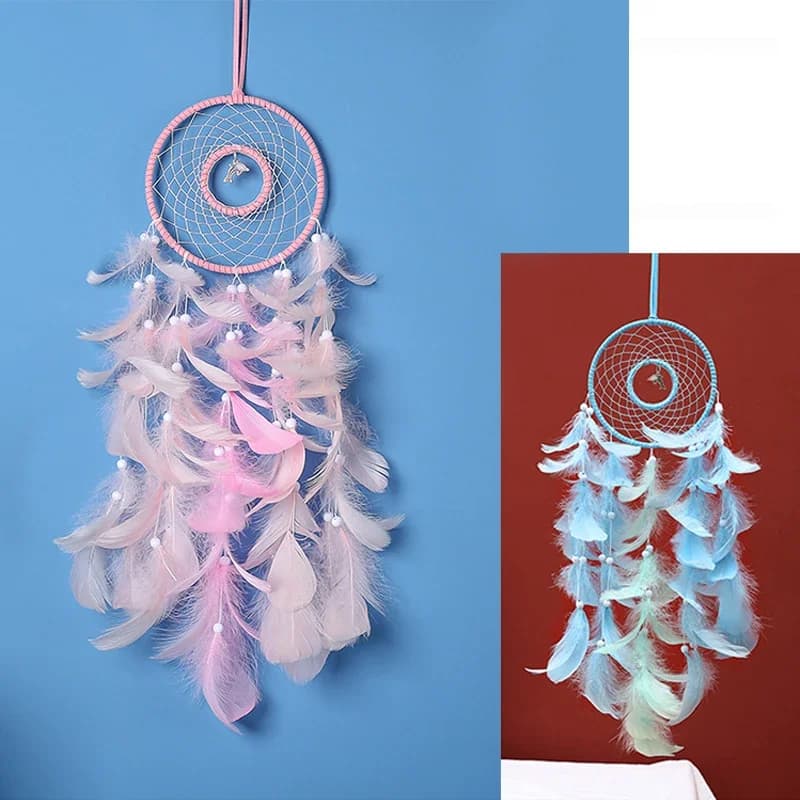 1Pcs Marine Series Dolphin Wind Chime Bedroom Wall Pendant Pink Feather Beads Dream Catcher Home Creative Decoration