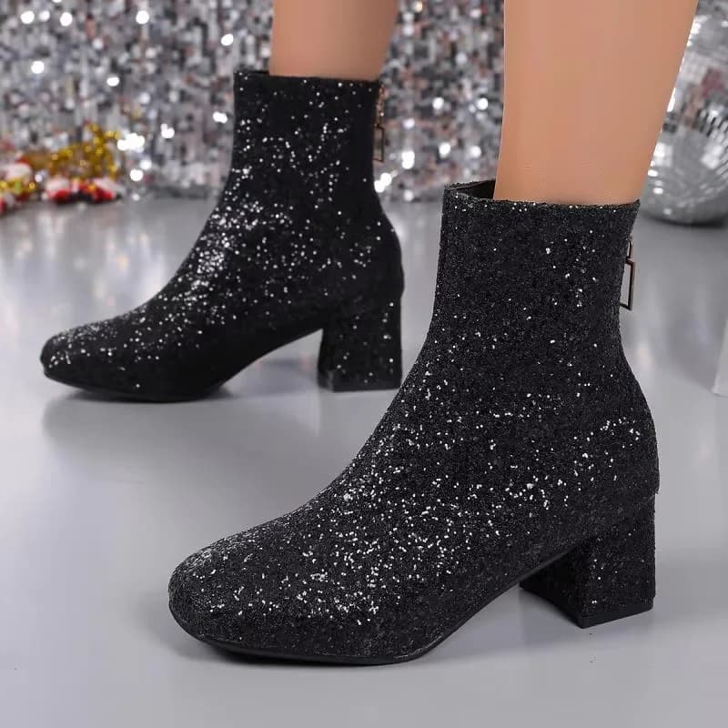 Stivaletti Chelsea argento con paillettes di lusso da donna 2025 Stivaletti con cerniera posteriore con punta quadrata autunnale Stivaletti da festa con tacco alto in oro lucido sexy