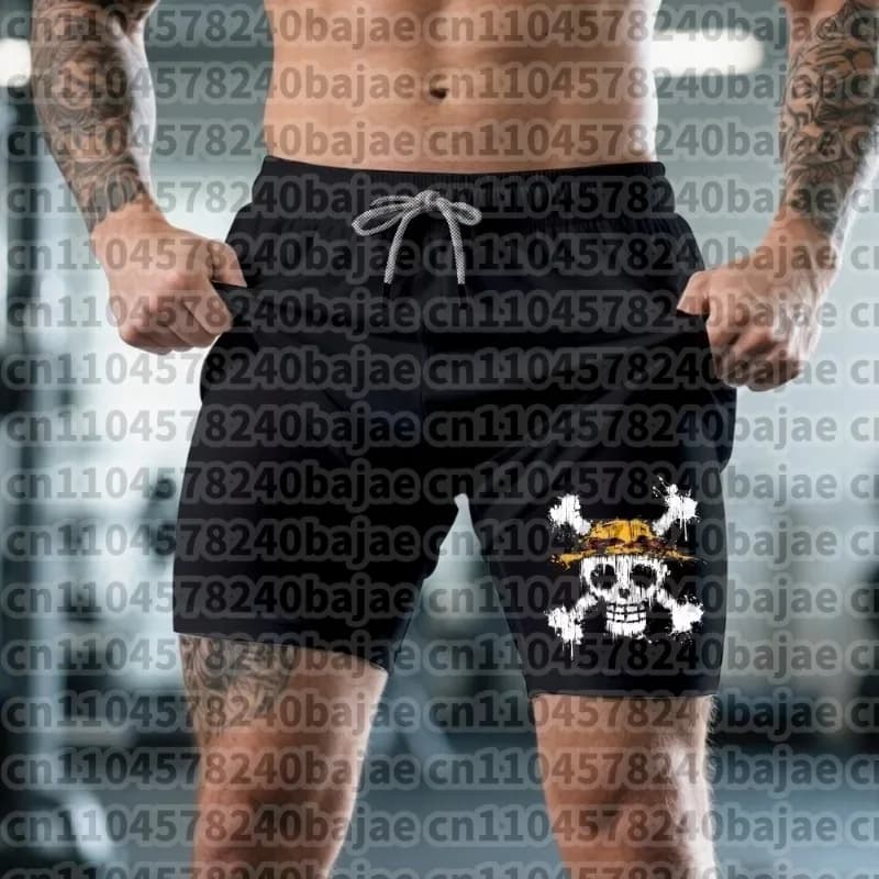 One Piece double layer 2-in-1 men's shorts, one Piece Jolly Roger model, for summer and autumn, two-piece effect.