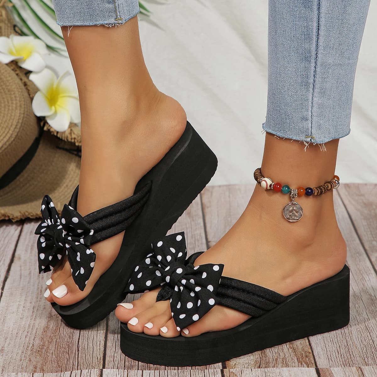 Women Slippers Summer Beach Bowknot Wedges Slippers Ladies Fashion Slides Women Soft Platform Shoes Female High Heel Sandals