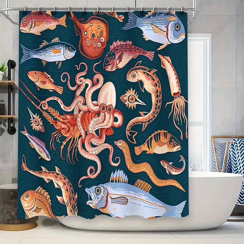 Pesce dell'oceano Creatura marina Tenda da doccia Impermeabile Decorazioni per il bagno Modello di vita marina Sfondo Artistico Vibrazioni costiere Decorazioni per la casa