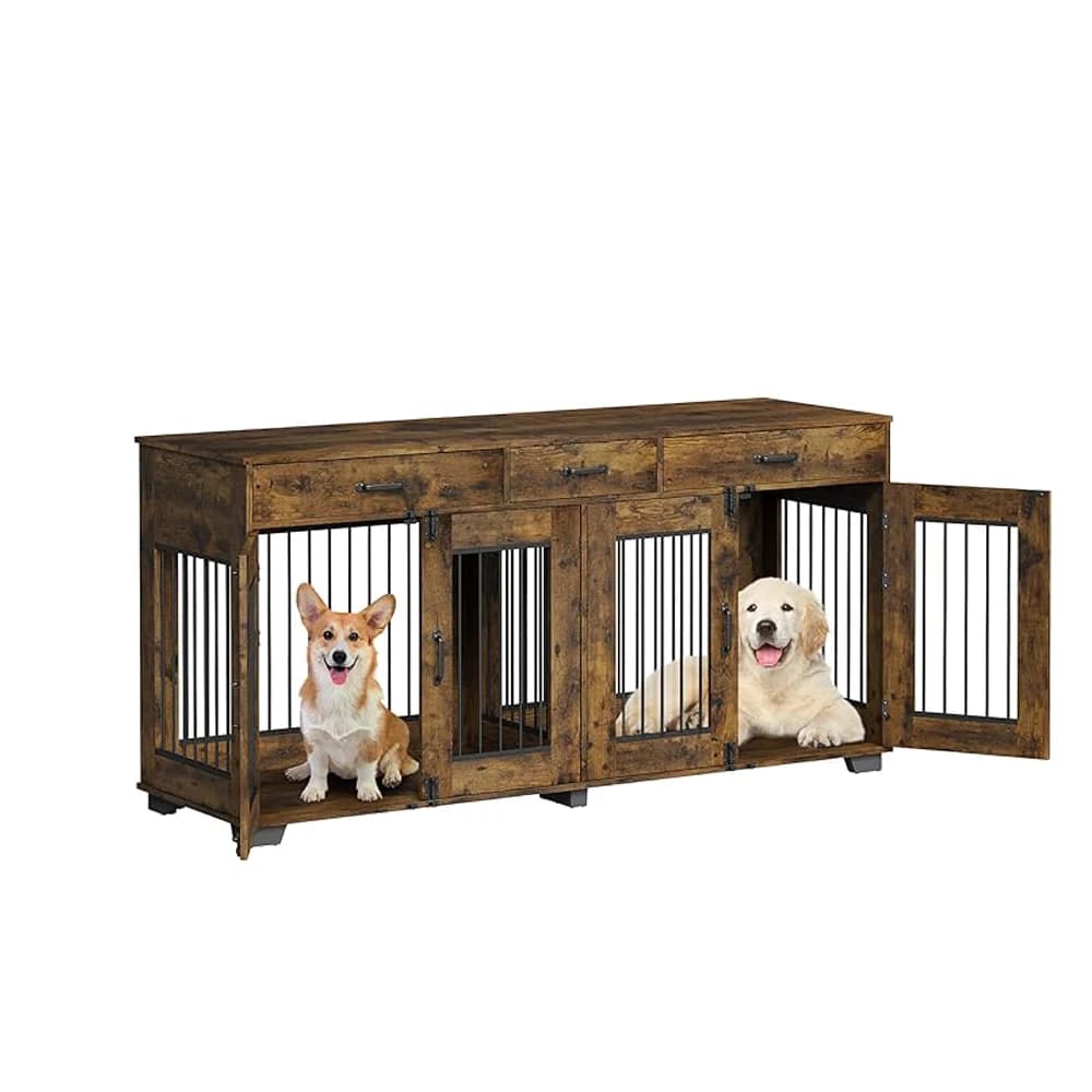 Mobili per cani con doppia cuccia, cuccia grande da interno per 2 cani, cuccia resistente con mobile TV e tavolino laterale per cani di taglia media e grande