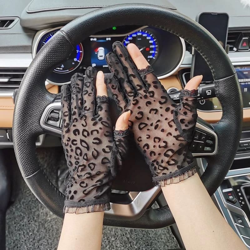 Guanti in pizzo leopardato estivi in rete trasparente senza dita touchscreen, traspiranti per guida, ciclismo, accessori decorativi per esterni