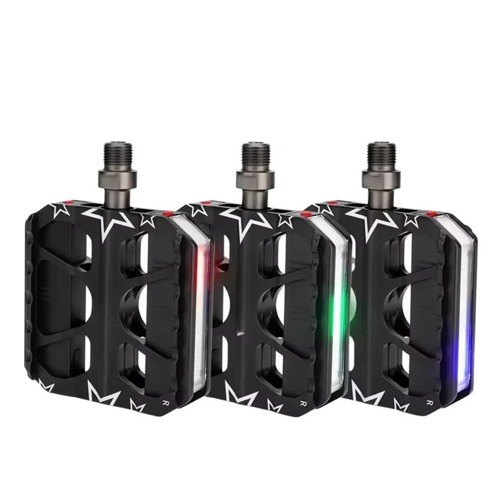 3-Bearing MTB Pedals with LED Safety Lights CNC Aluminum Alloy Platform Pedals for Folding/Mountain Bikes IP6 Waterproof