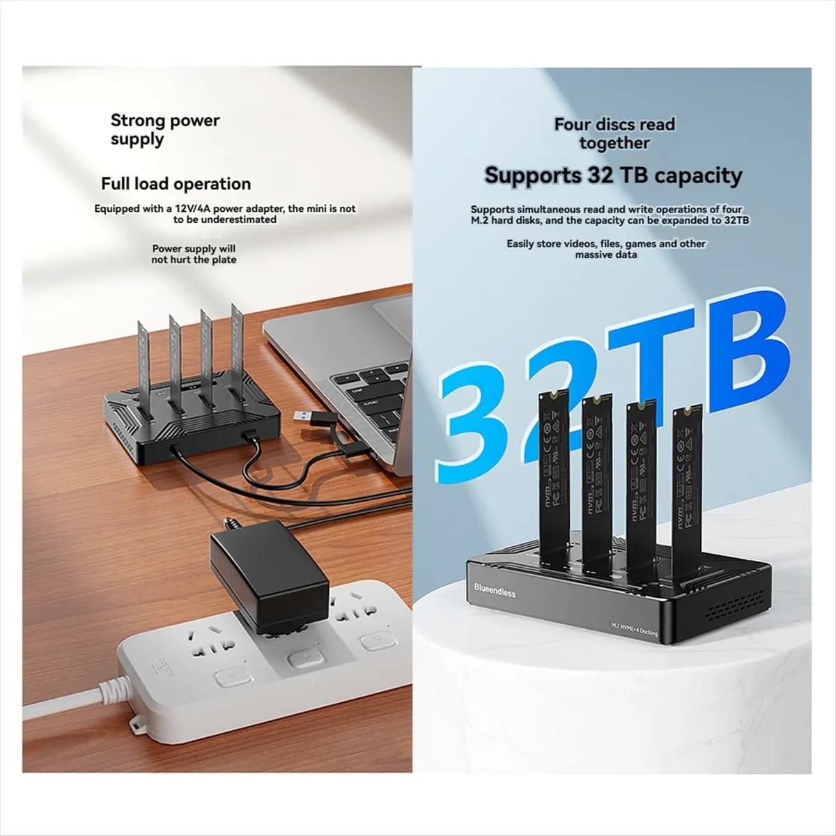 Docking Station A46U Blueendless a 4 Bay per SSD M.2 NVMe, Case Esterno da 40 Gbps con Funzione Clone per Laptop, Spina EU