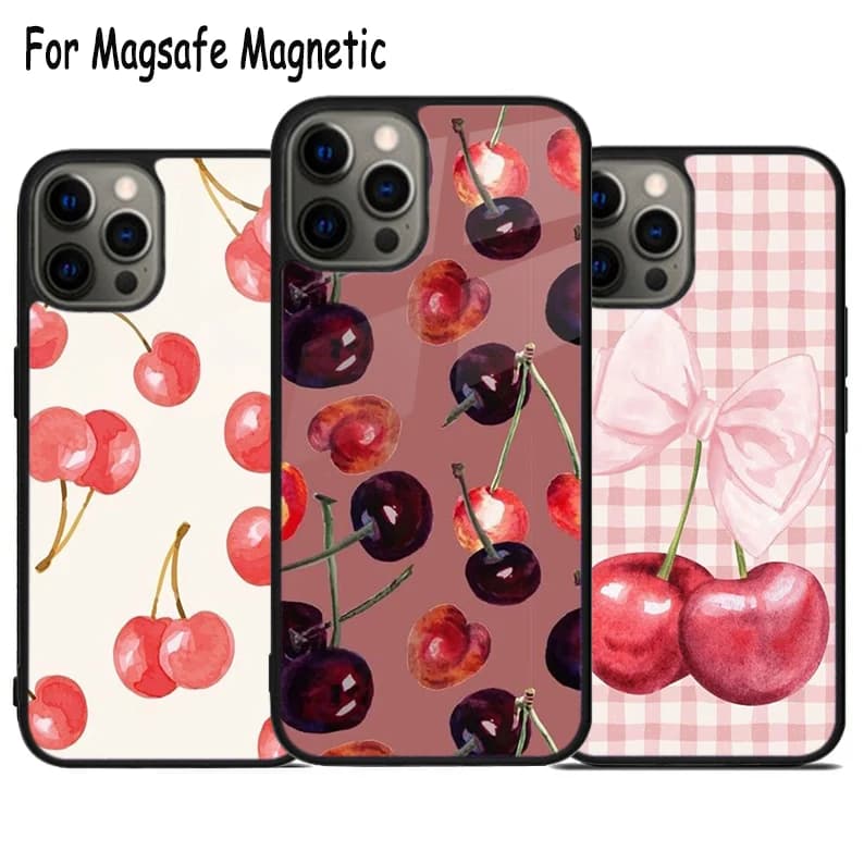 Cover per telefono con motivo ciliegia acquerello per iPhone 17 Air 15 16 16e 14 13 11 12 Pro Max Plus, cover magnetica Magsafe con paraurti