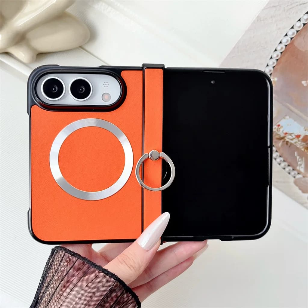 For Magsafe Magnetic Leather Hinge Full Protection Phone Case with Ring Holder Stand For Apple iPhone Duo 18 Fold Hard Cover