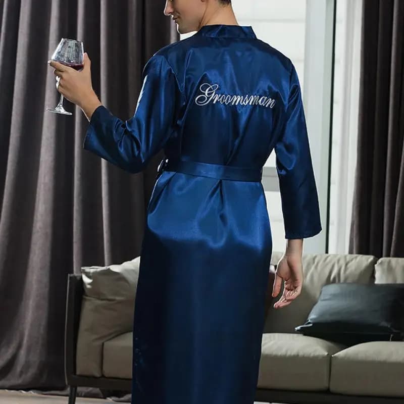 Navy Blue Dress Men's Embroidery Groom Groomsman Kimono Dresses Nightwear Satin Long Sleeved Men's Nightwear