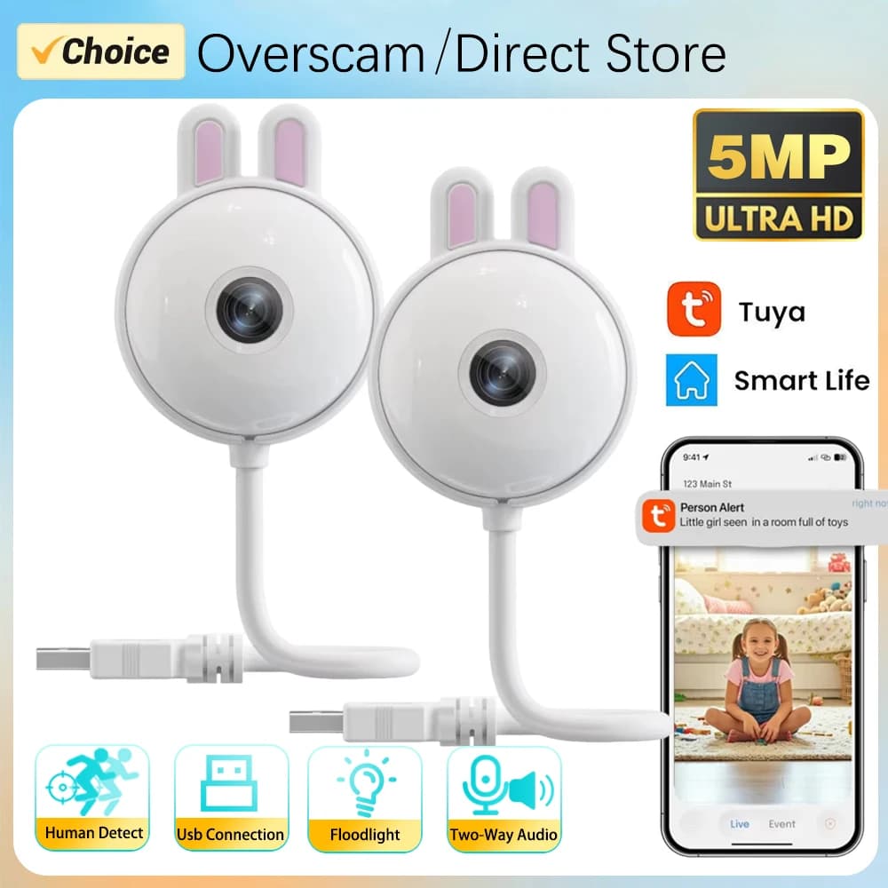 Telecamera IP WiFi Mini Tuya 5MP per Interni, Lampadina USB Wireless, Monitor per Bambini, Telecamera di Sicurezza Domestica Intelligente con Registrazione Audio