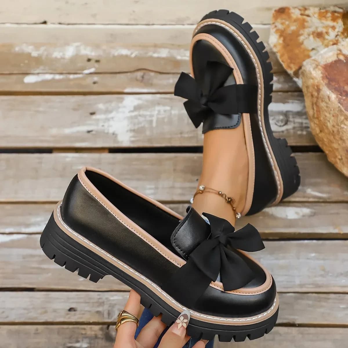 Bow Thick-soled Loafers for Women, 2026 New Spring and Autumn Style, One-step Small Leather Shoes, British Style Single Shoes