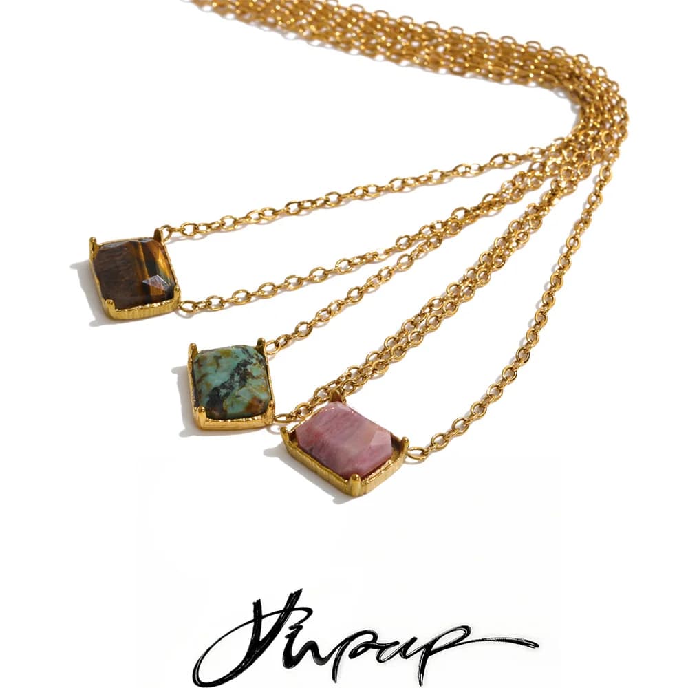 Yhpup Tiger Rhodochrosite African Turquoise Stone Rectangle Pendant Necklace Stainless Steel High Quality Stylish Jewelry